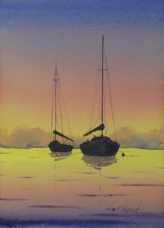 seascape, boat, sailboat, harbor, anchor, anchorage, sea, sunset, painting, watercolor, oberst